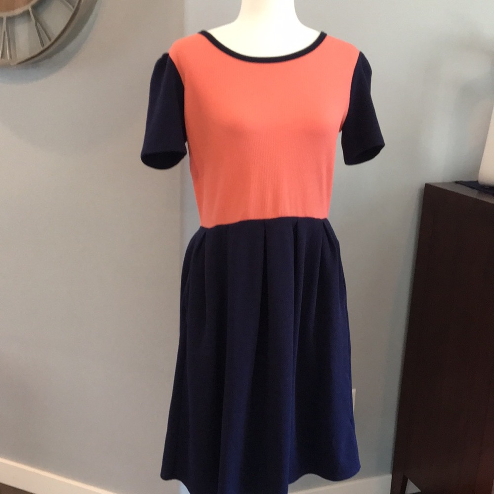 LuLaRoe Amelia Navy & Coral Color Block Dress – Lg